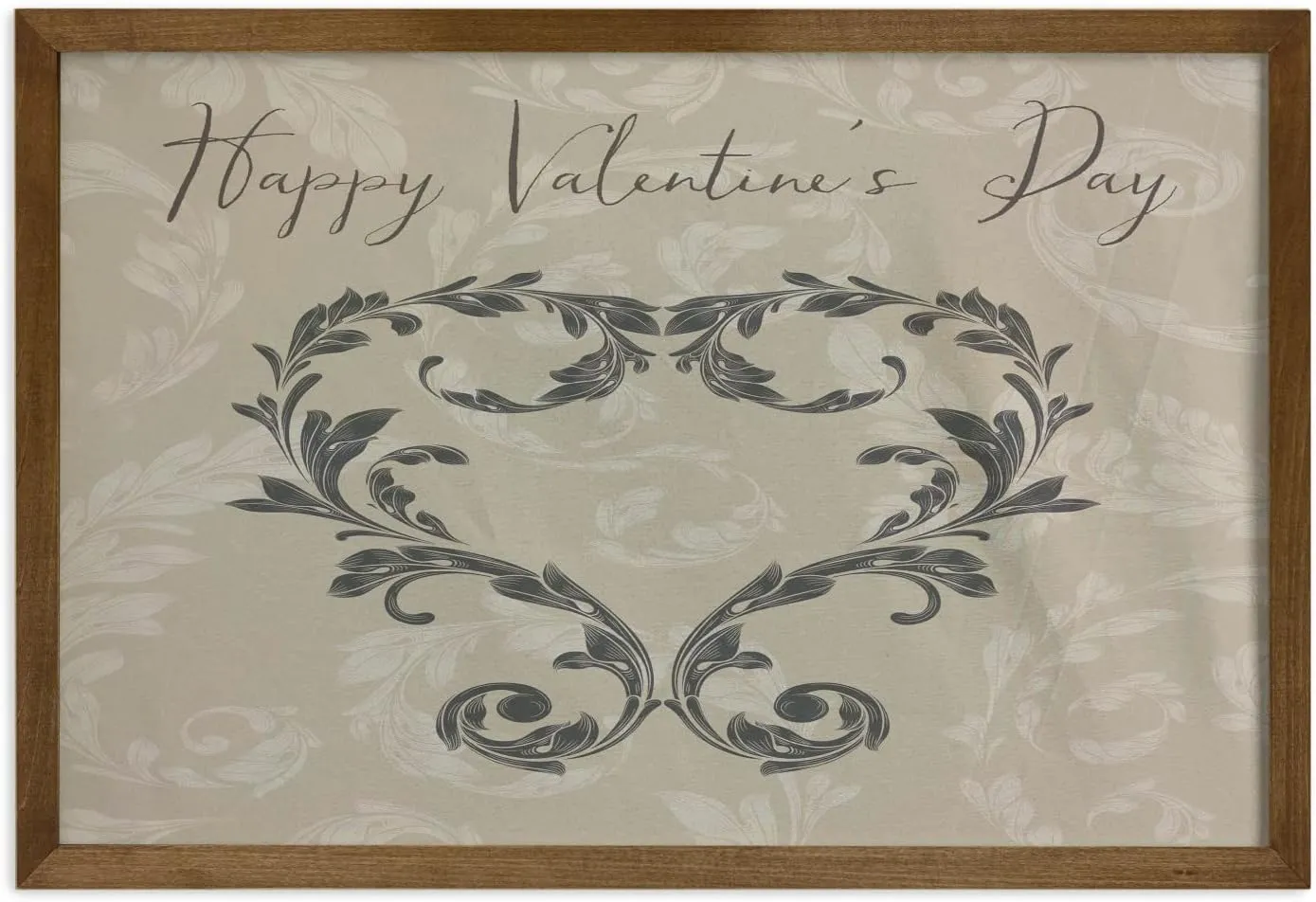 Ambesonne Taupe Framed Wall Art, Happy Valentine's Day Hand Writing Laurel Leaves Forming a Heart Victorian, Fabric Decor with Teak Tone Wood Frame Home & Dorm Decor, 35" x 23", Taupe Tan