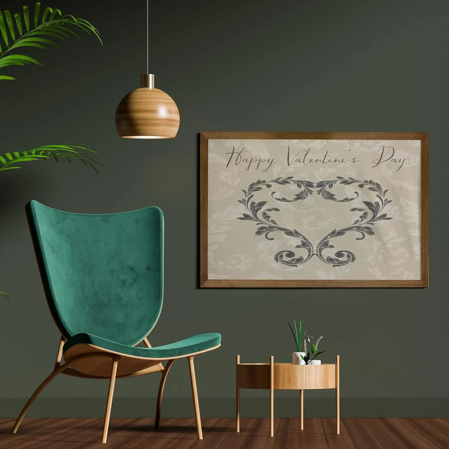 Ambesonne Taupe Framed Wall Art, Happy Valentine's Day Hand Writing Laurel Leaves Forming a Heart Victorian, Fabric Decor with Teak Tone Wood Frame Home & Dorm Decor, 35" x 23", Taupe Tan
