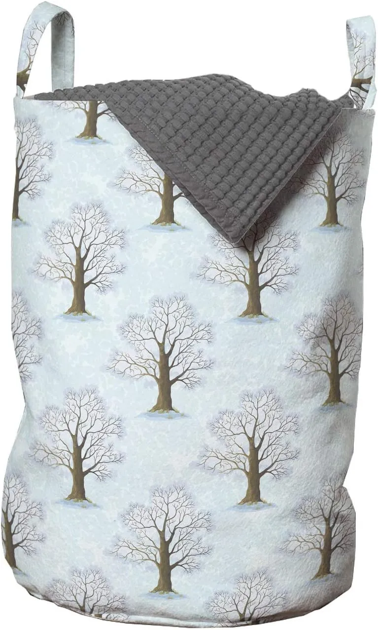 Ambesonne Trees Laundry Bag, Rhythmic Romantic Oak Forest in Muted Pastel Tones Pattern, Hamper Basket with Handles Drawstring Closure for Laundromats, 13" x 19", Pale Blue Sepia