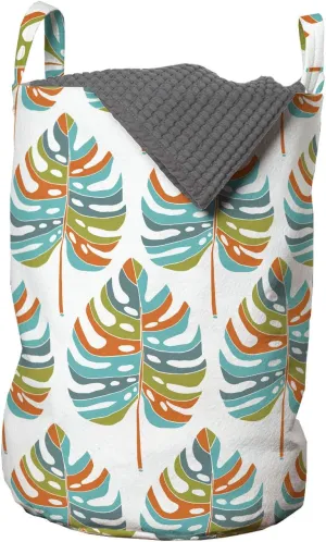 Ambesonne Tropical Laundry Bag, Rhythmic Colorful Monstera Leaves on Plain Background Art Illustration, Hamper Basket with Handles Drawstring Closure for Laundromats, 13" x 19", White and Multicolor