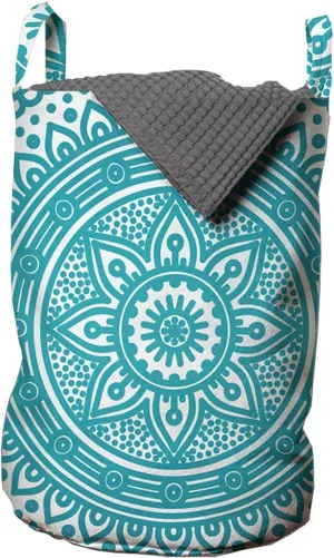 Ambesonne Turquoise Ombre Laundry Bag, Mandala Medallion Starry Design with Flower in Middle Art, Hamper Basket with Handle Drawstring Closure for Laundromats, 13" x 19", Dark Turquoise
