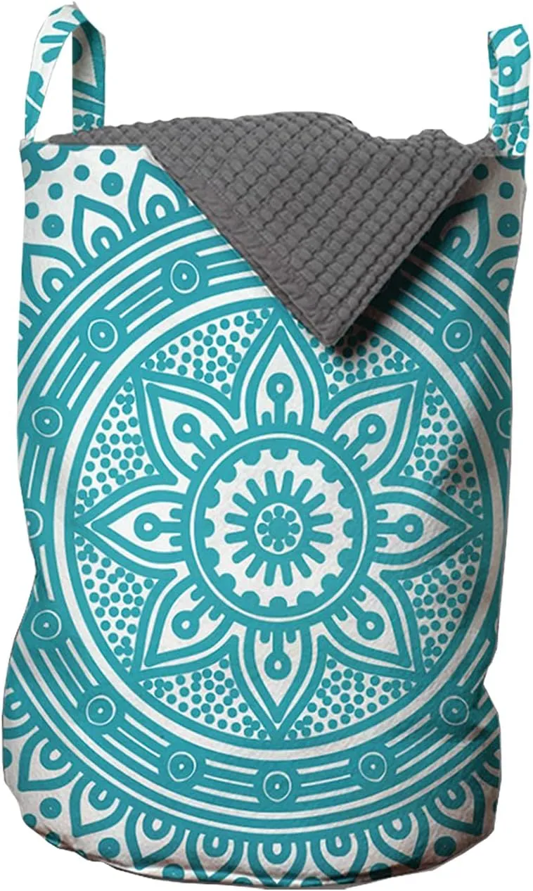 Ambesonne Turquoise Ombre Laundry Bag, Mandala Medallion Starry Design with Flower in Middle Art, Hamper Basket with Handle Drawstring Closure for Laundromats, 13" x 19", Dark Turquoise