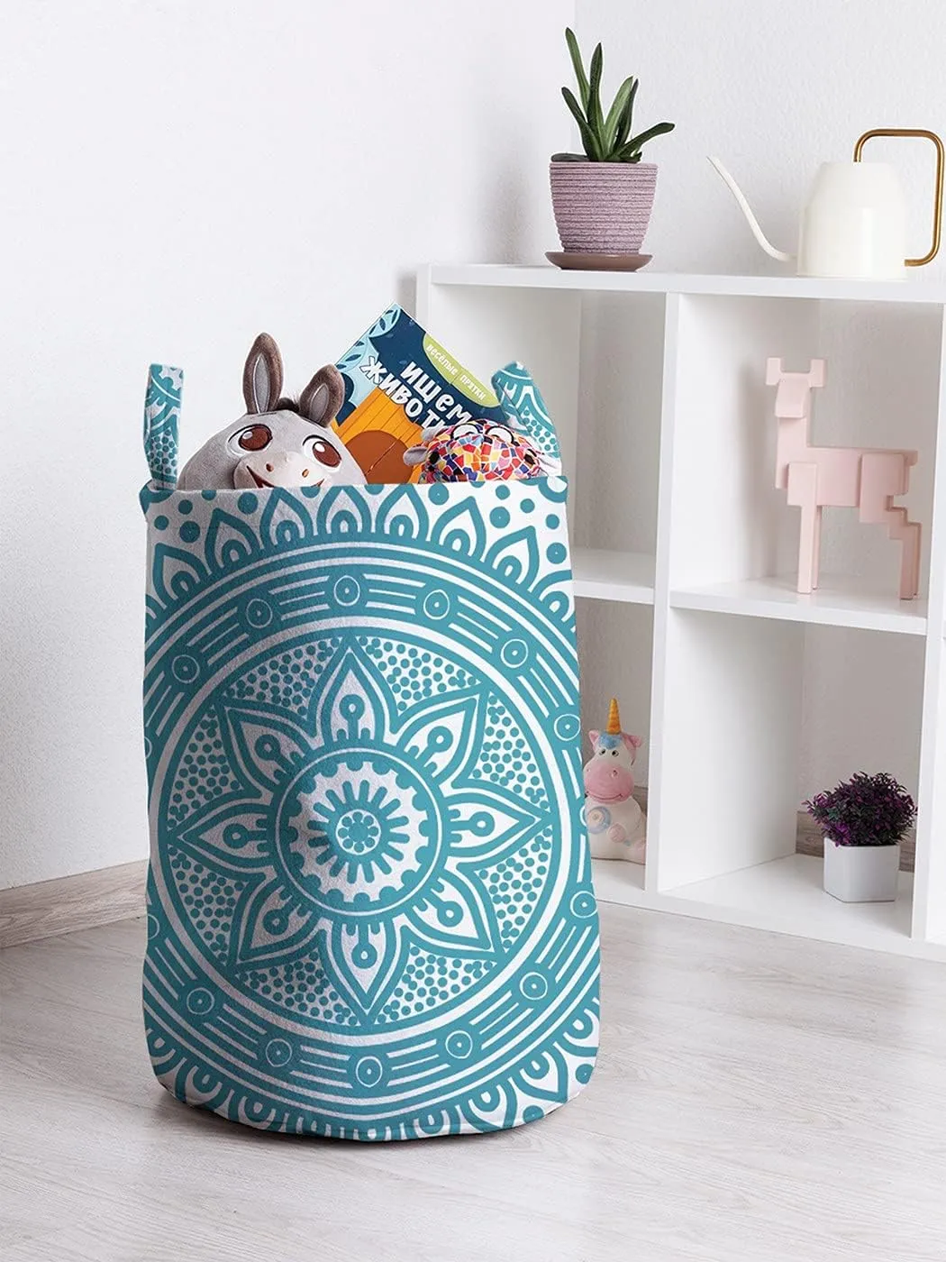Ambesonne Turquoise Ombre Laundry Bag, Mandala Medallion Starry Design with Flower in Middle Art, Hamper Basket with Handle Drawstring Closure for Laundromats, 13" x 19", Dark Turquoise