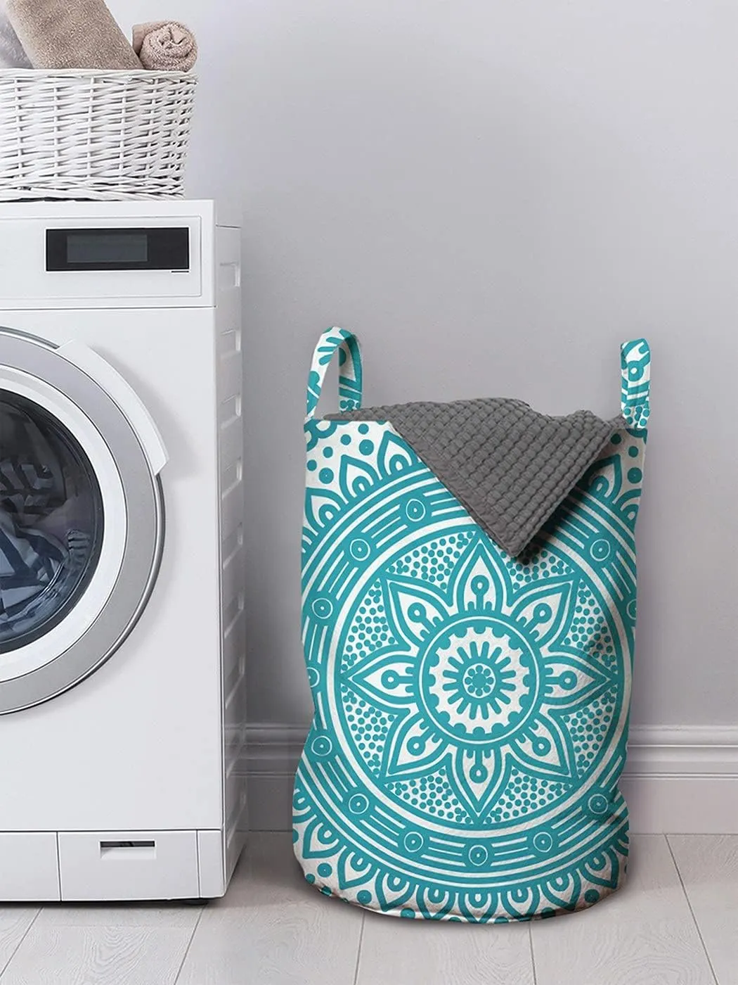 Ambesonne Turquoise Ombre Laundry Bag, Mandala Medallion Starry Design with Flower in Middle Art, Hamper Basket with Handle Drawstring Closure for Laundromats, 13" x 19", Dark Turquoise