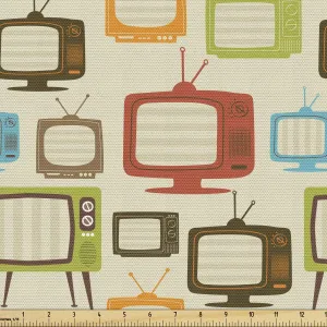 Ambesonne Vintage Fabric by The Yard, Old Televisions Pattern in Retro Colors Antenna Electronics Entertainment Nostalgic, Decorative Fabric for Upholstery and Home Accents, 5 Yards, Dark Cream