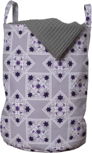 Ambesonne Vintage Laundry Bag, Ornamental Swirls and Stars in Rhombuses Pastel Colored Illustration, Hamper Basket with Handles Drawstring Closure for Laundromats, 13" x 19", Lilac Purple Dark Purple