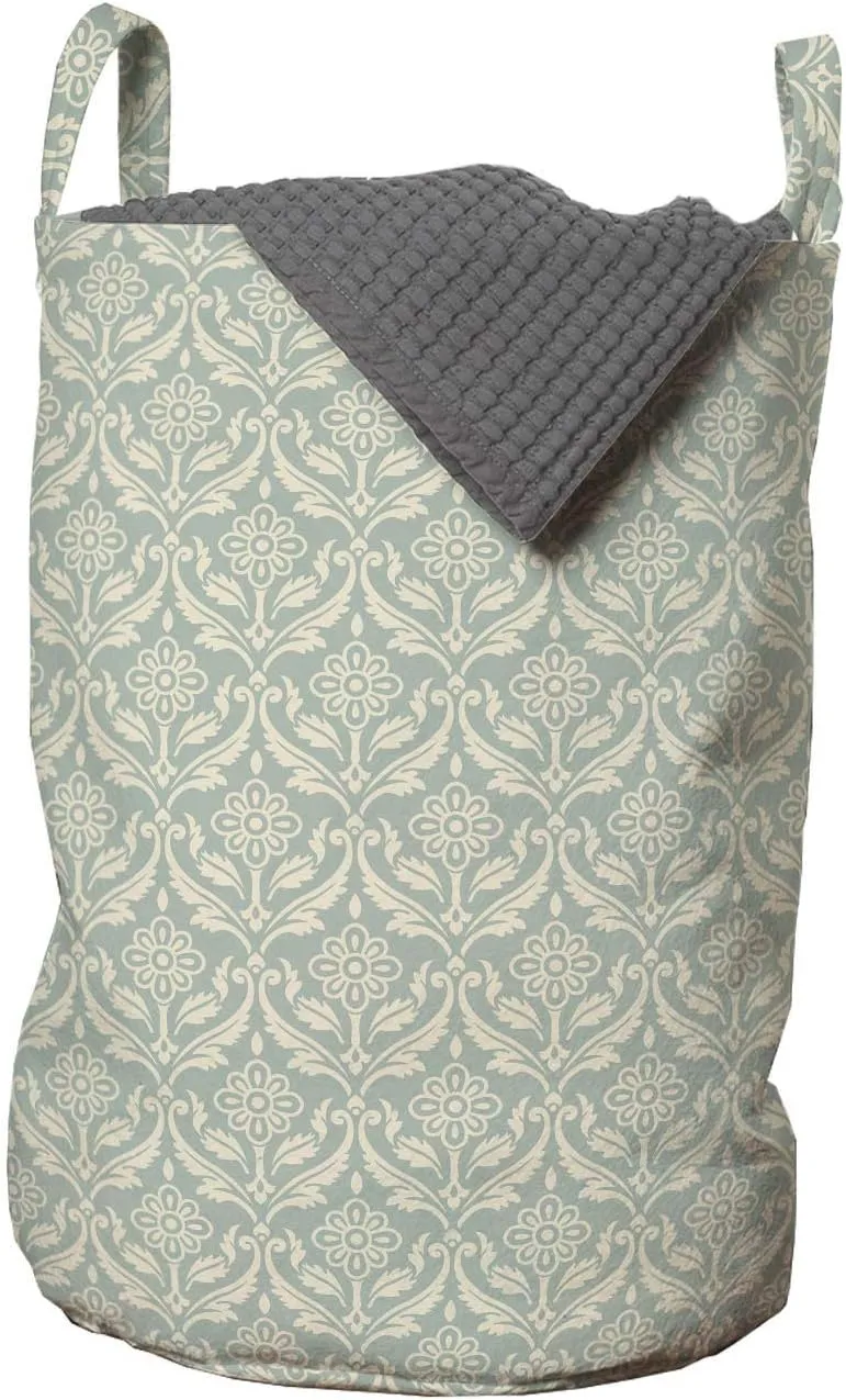 Ambesonne Vintage Laundry Bag, Rhythmic Print of Flower Nostalgic Elements Damask Style Illustration, Hamper Basket with Handles Drawstring Closure for Laundromats, 13" x 19", Dark Sea Green Champagne