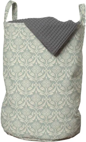 Ambesonne Vintage Laundry Bag, Rhythmic Print of Flower Nostalgic Elements Damask Style Illustration, Hamper Basket with Handles Drawstring Closure for Laundromats, 13" x 19", Dark Sea Green Champagne