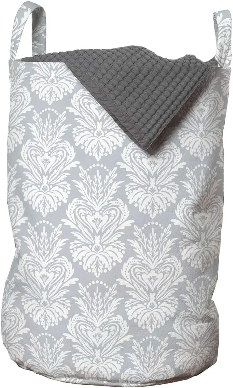 Ambesonne White Damask Laundry Bag, Ornamental Composition of Monotone Soft Toned Flourishes and Polka Dots, Hamper Basket with Handles Drawstring Closure for Laundromats, 13" x 19", Pale Purpleblue