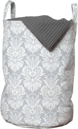 Ambesonne White Damask Laundry Bag, Ornamental Composition of Monotone Soft Toned Flourishes and Polka Dots, Hamper Basket with Handles Drawstring Closure for Laundromats, 13" x 19", Pale Purpleblue
