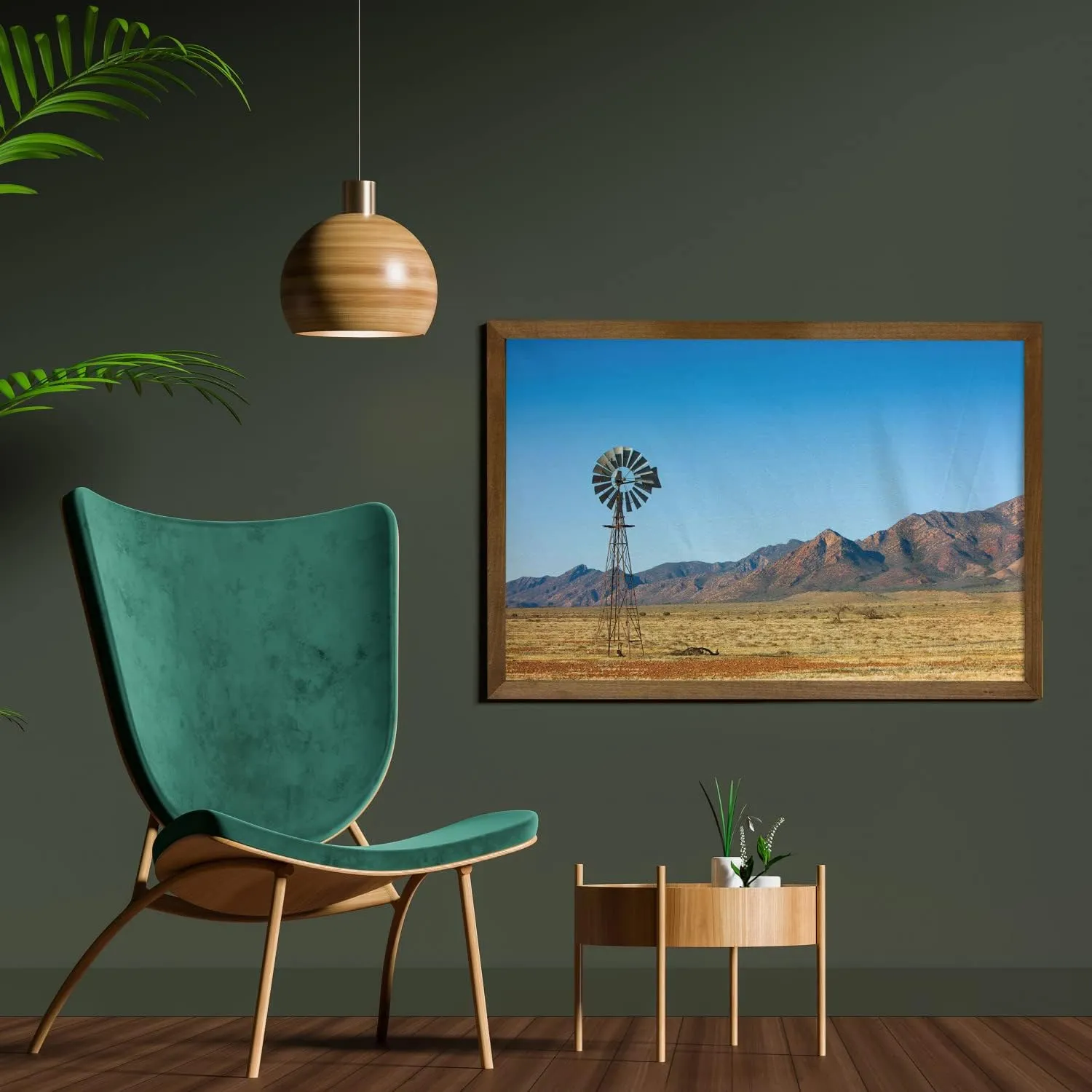 Ambesonne Windmill Framed Wall Art, Flinders Ranges South Australia Mountains Barren Land Summer, Fabric Decor with Teak Tone Wood Frame Home & Dorm Decor, 35" x 23", Earth Yellow Pale Blue