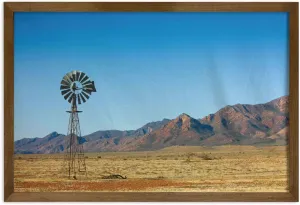 Ambesonne Windmill Framed Wall Art, Flinders Ranges South Australia Mountains Barren Land Summer, Fabric Decor with Teak Tone Wood Frame Home & Dorm Decor, 35" x 23", Earth Yellow Pale Blue