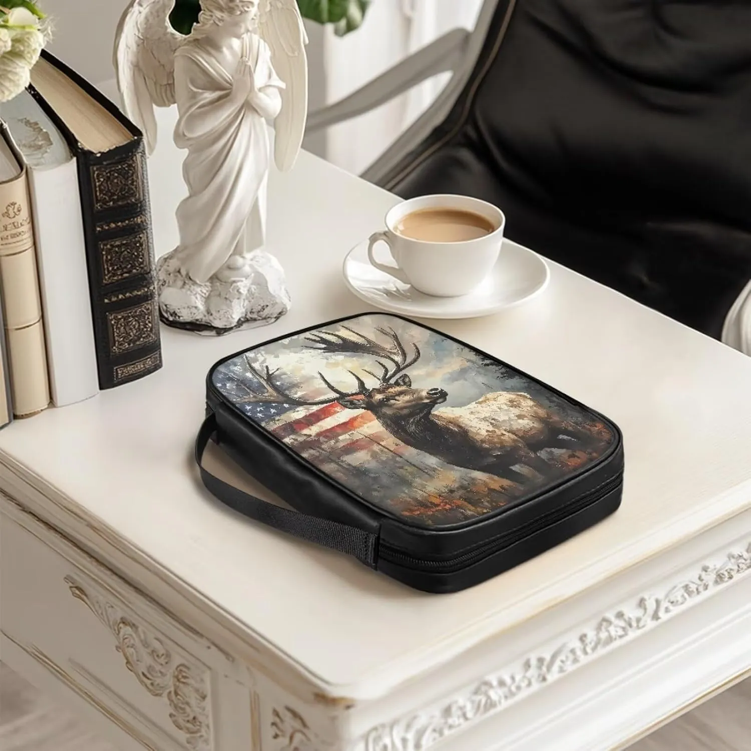 American Flag Grunge Elk Print Faux Leather Bible Cover for Women Men Book Carrying Case Church Bible Bag with Zipper Pocket Portable Book Carrier for Outdoor Study