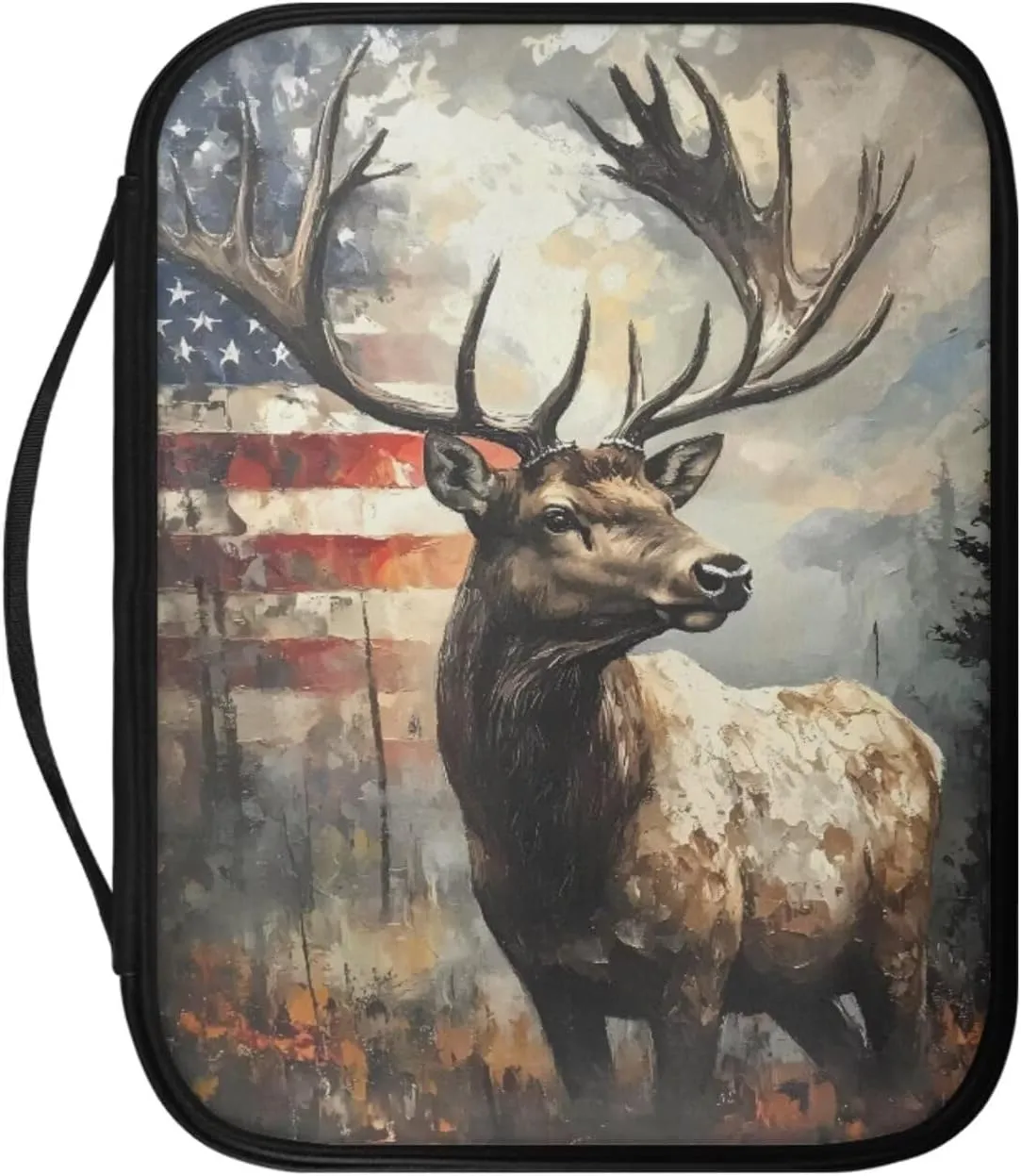 American Flag Grunge Elk Print Faux Leather Bible Cover for Women Men Book Carrying Case Church Bible Bag with Zipper Pocket Portable Book Carrier for Outdoor Study