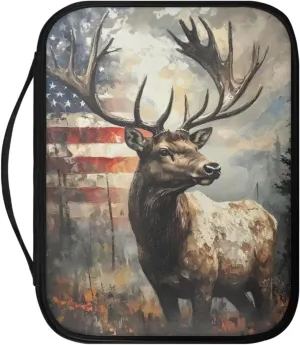 American Flag Grunge Elk Print Faux Leather Bible Cover for Women Men Book Carrying Case Church Bible Bag with Zipper Pocket Portable Book Carrier for Outdoor Study
