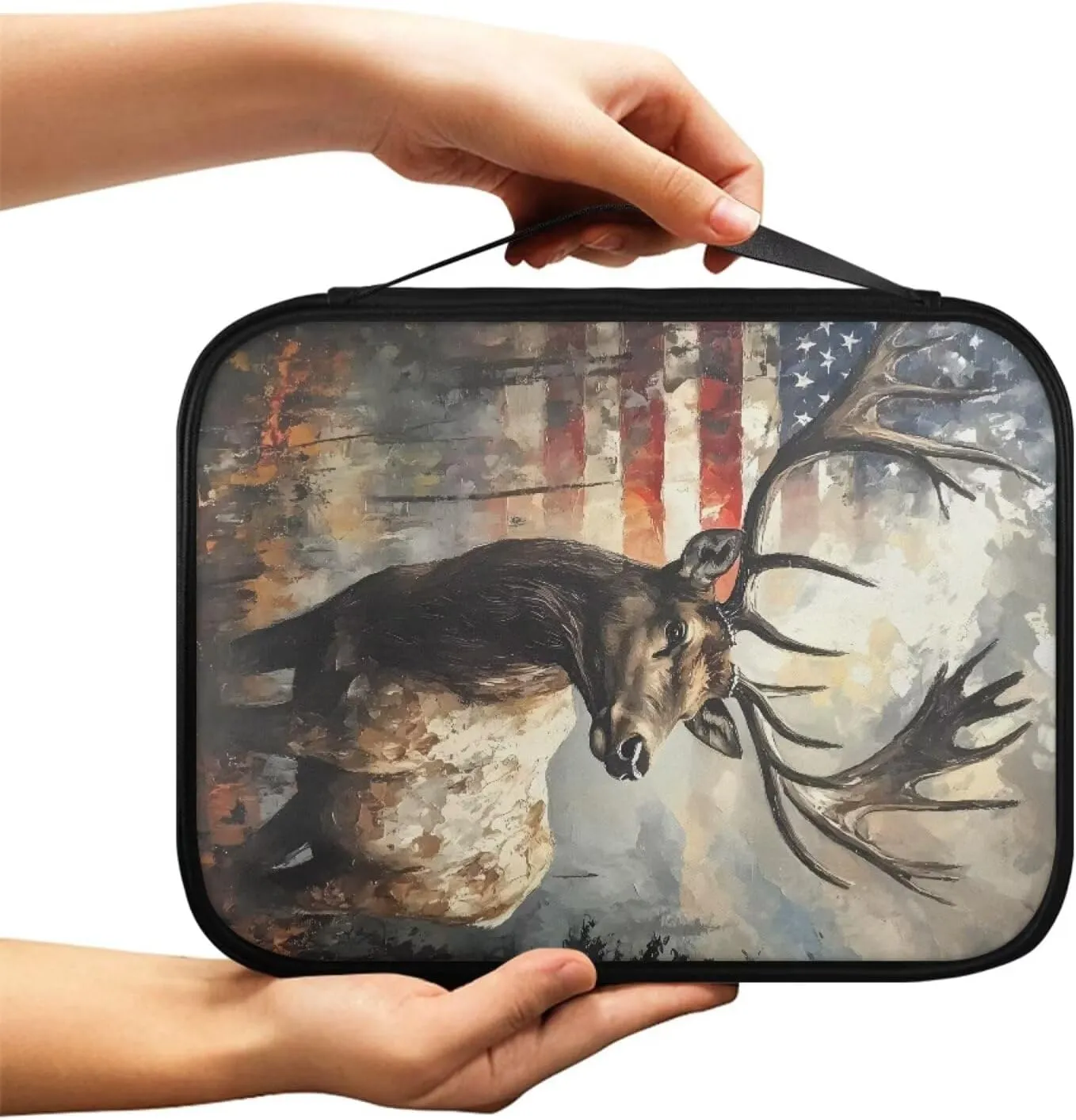 American Flag Grunge Elk Print Faux Leather Bible Cover for Women Men Book Carrying Case Church Bible Bag with Zipper Pocket Portable Book Carrier for Outdoor Study