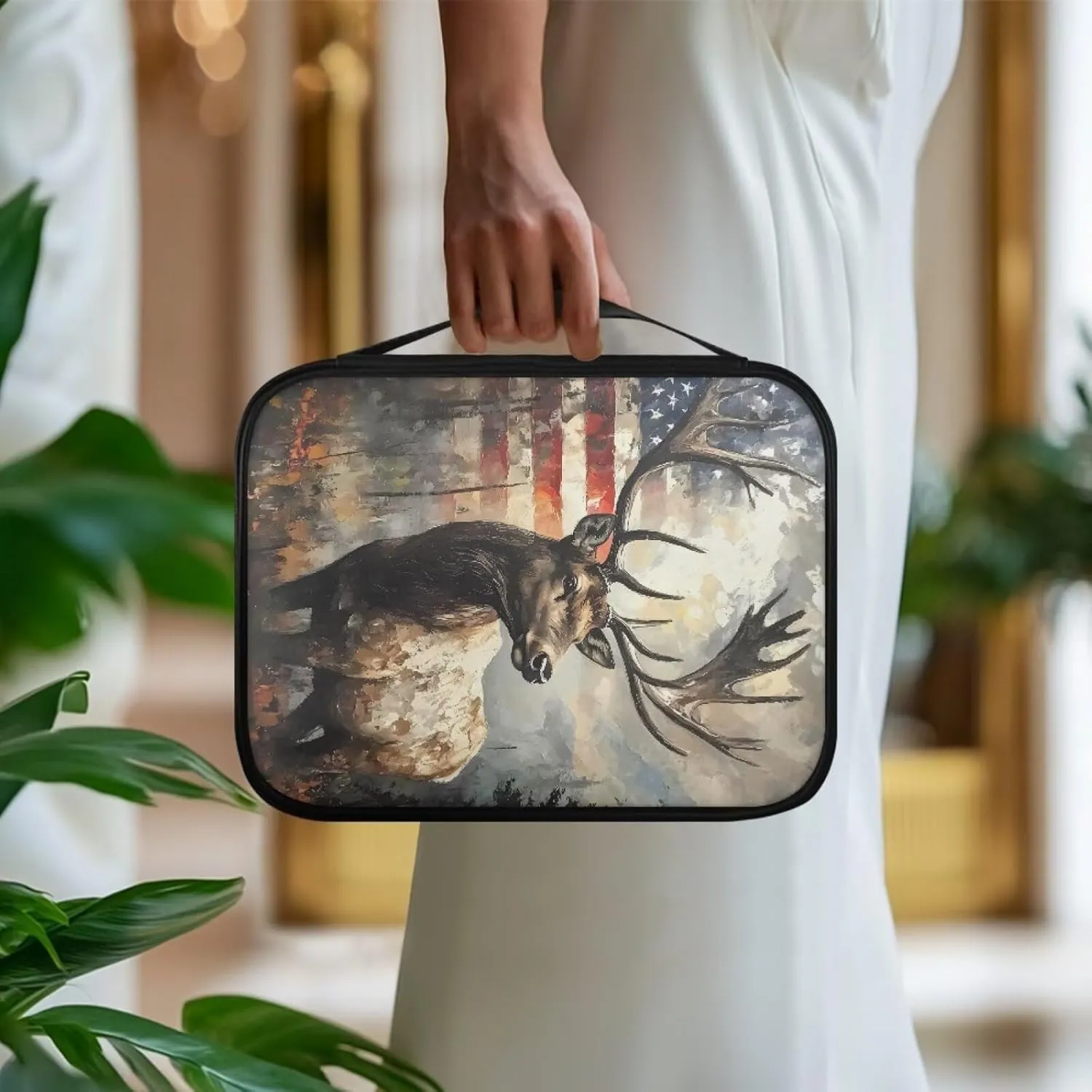 American Flag Grunge Elk Print Faux Leather Bible Cover for Women Men Book Carrying Case Church Bible Bag with Zipper Pocket Portable Book Carrier for Outdoor Study