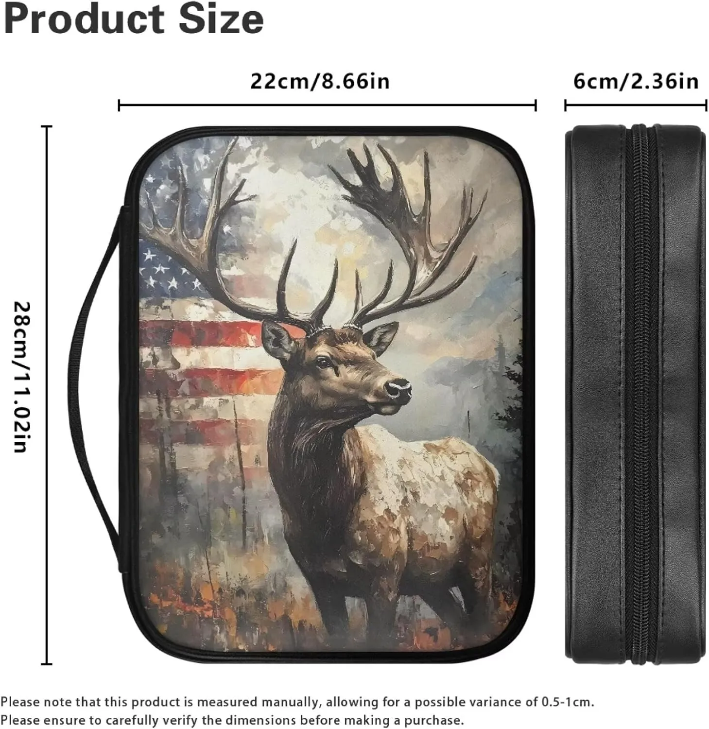 American Flag Grunge Elk Print Faux Leather Bible Cover for Women Men Book Carrying Case Church Bible Bag with Zipper Pocket Portable Book Carrier for Outdoor Study