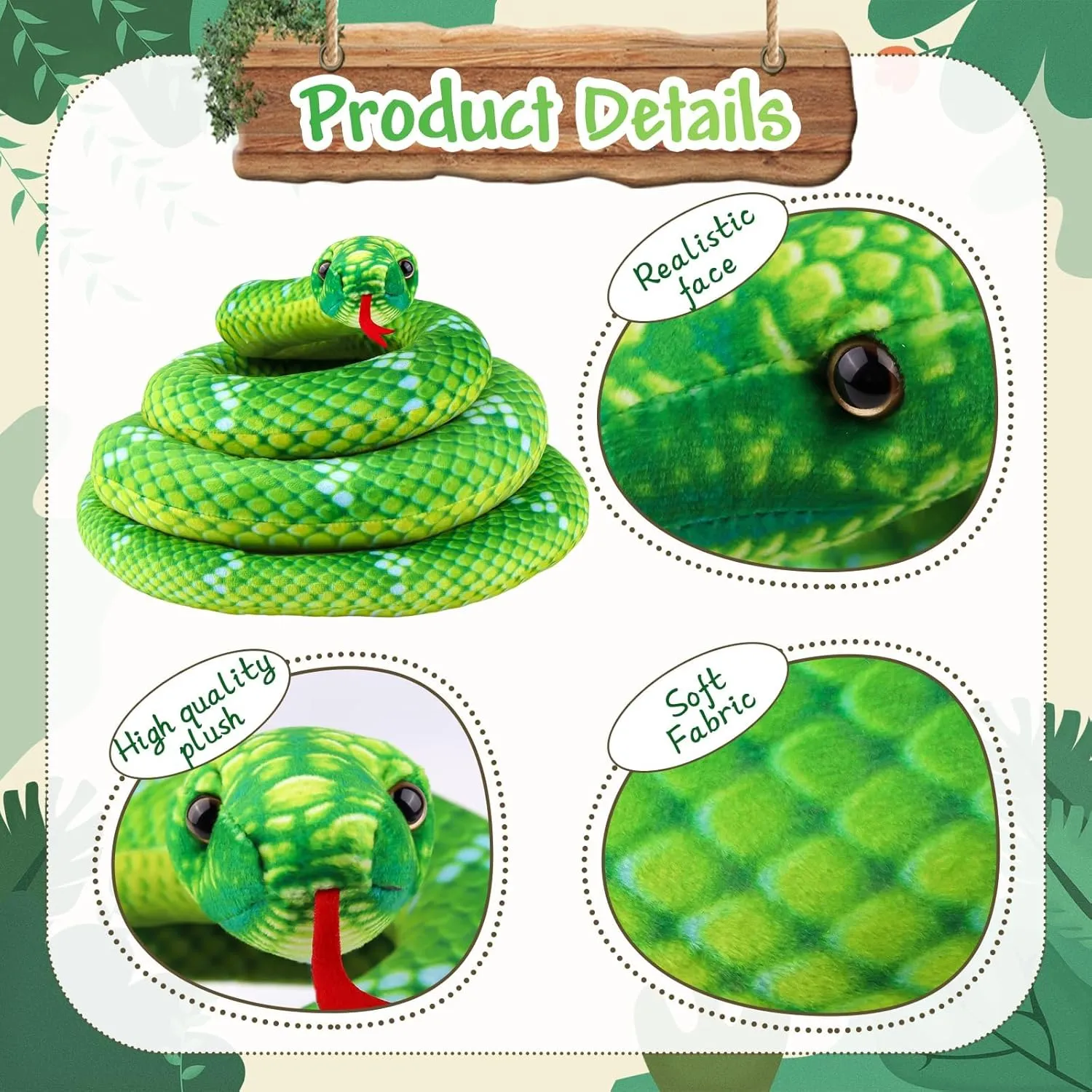 Anboor Giant Stuffed Snake, 82.7 Inch Realistic Plush Toy, Lifelike Snake for Kids' Party Prank Props (Green)