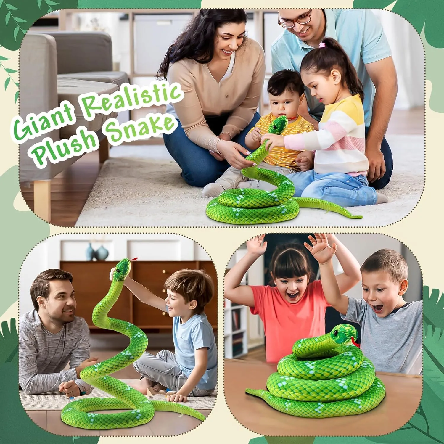Anboor Giant Stuffed Snake, 82.7 Inch Realistic Plush Toy, Lifelike Snake for Kids' Party Prank Props (Green)