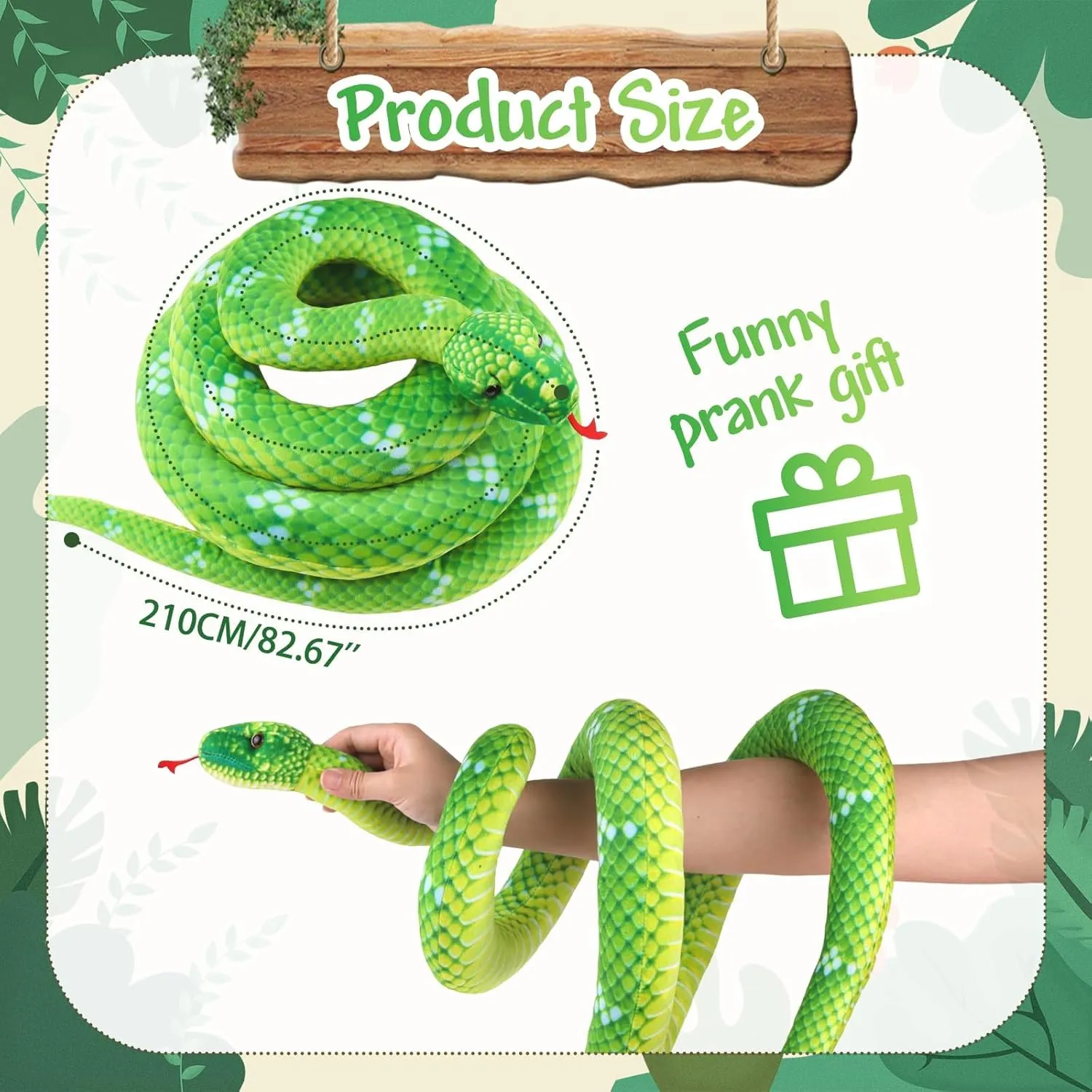 Anboor Giant Stuffed Snake, 82.7 Inch Realistic Plush Toy, Lifelike Snake for Kids' Party Prank Props (Green)