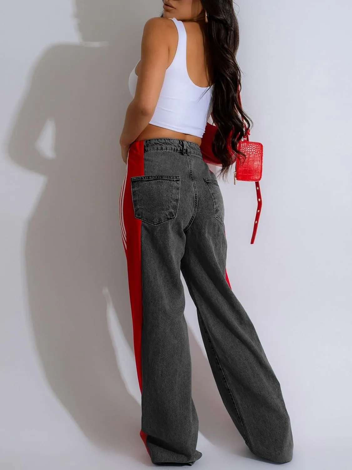 Angsuttc Womens Jeans with Patchwork Stripes High Waisted Stretchy Denim Color Block Straight Wide Leg Trendy Jean