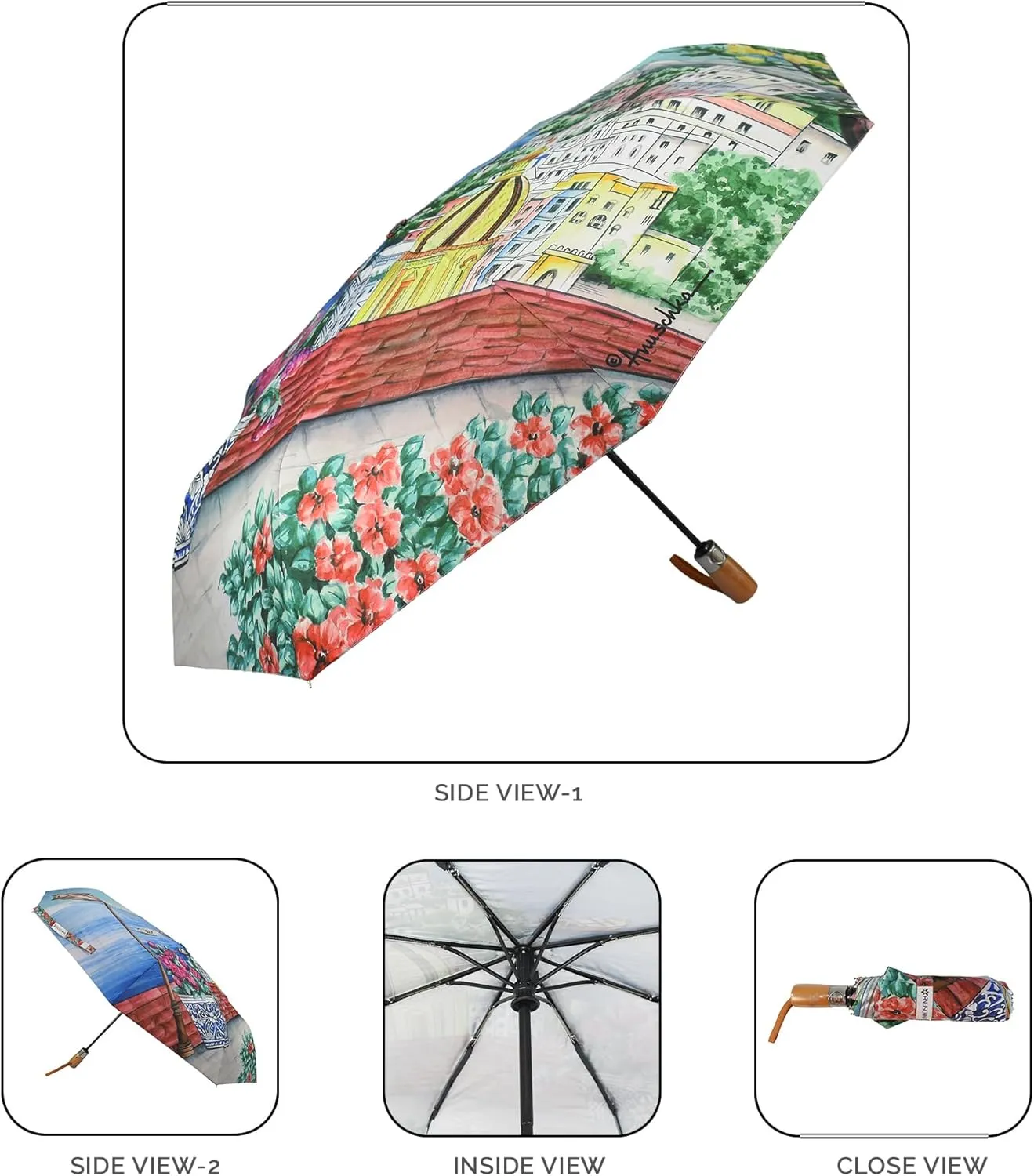 Anuschka Umbrella AUTO Open/Close - UPF 50  - 38” Waterproof Windproof Canopy - Fits in Handbag - Windproof Flexible Fiberglass