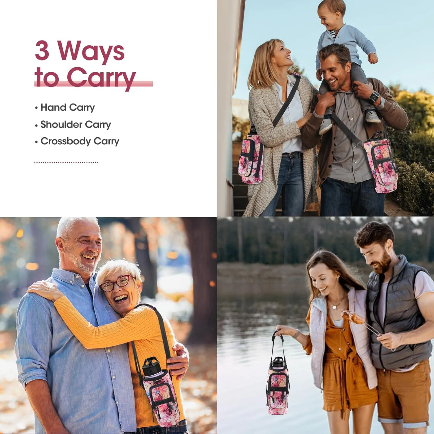 ARTSO Water Bottle Carrier Bag Sling Holder Pouch, 25oz 32oz 40oz 64oz Insulated Water Bottle Sleeve Case Cover with Adjustable Shoulder Hand Strap Pocket for Hiking Camping, Colorful flowers