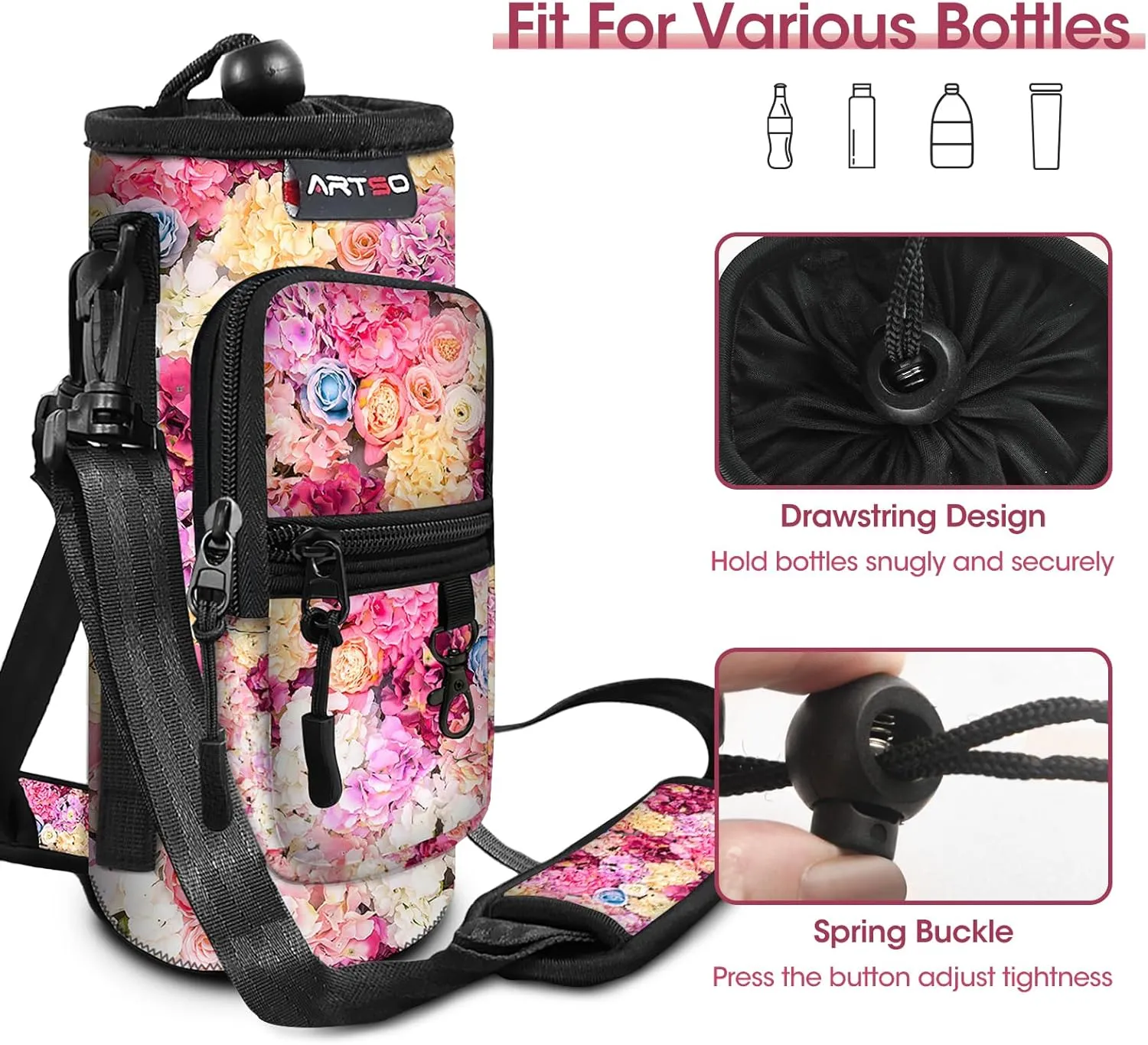ARTSO Water Bottle Carrier Bag Sling Holder Pouch, 25oz 32oz 40oz 64oz Insulated Water Bottle Sleeve Case Cover with Adjustable Shoulder Hand Strap Pocket for Hiking Camping, Colorful flowers