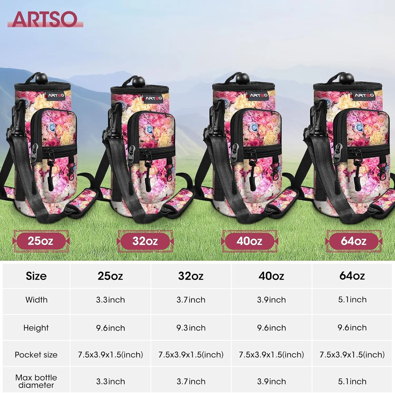 ARTSO Water Bottle Carrier Bag Sling Holder Pouch, 25oz 32oz 40oz 64oz Insulated Water Bottle Sleeve Case Cover with Adjustable Shoulder Hand Strap Pocket for Hiking Camping, Colorful flowers