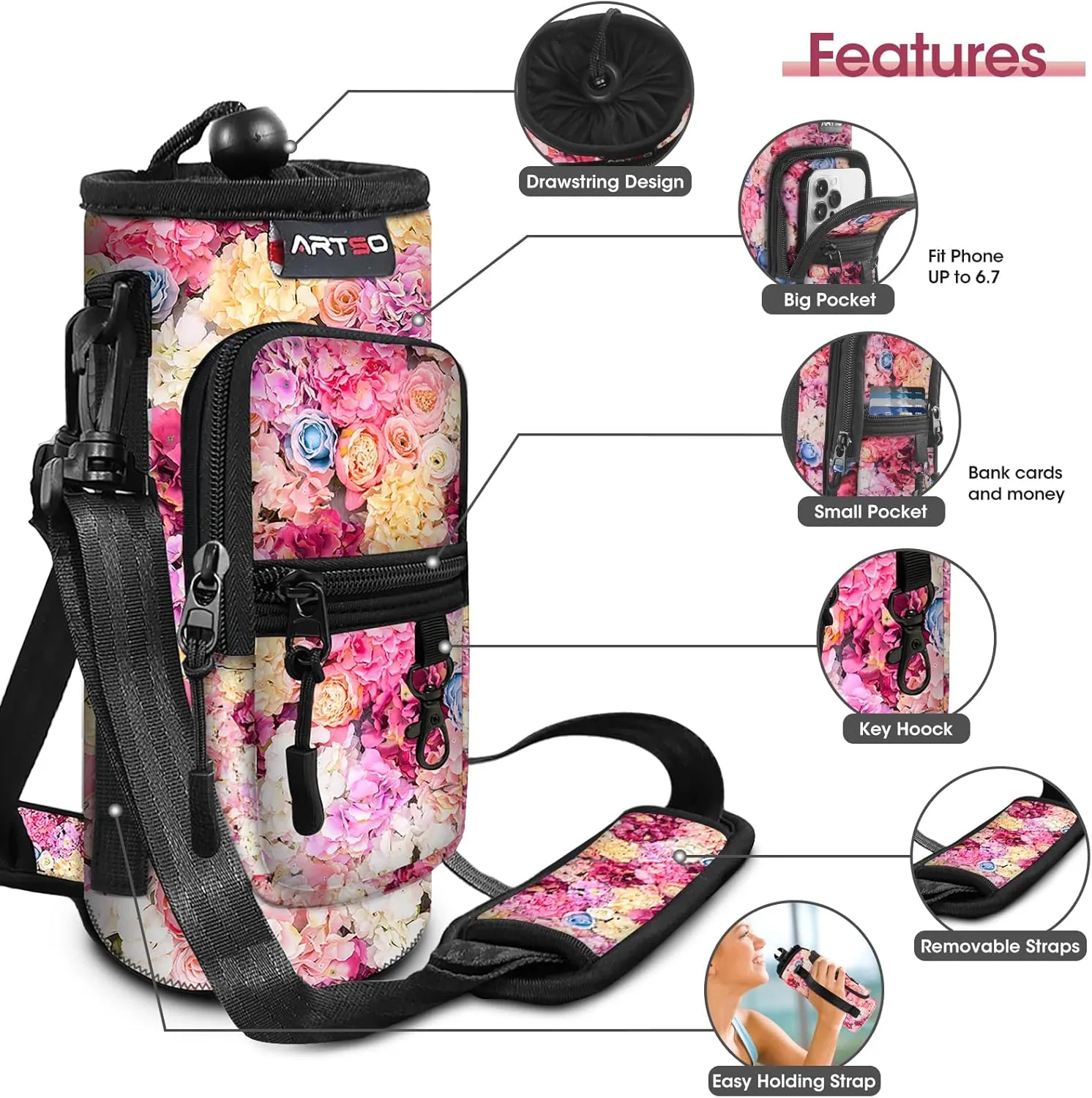 ARTSO Water Bottle Carrier Bag Sling Holder Pouch, 25oz 32oz 40oz 64oz Insulated Water Bottle Sleeve Case Cover with Adjustable Shoulder Hand Strap Pocket for Hiking Camping, Colorful flowers