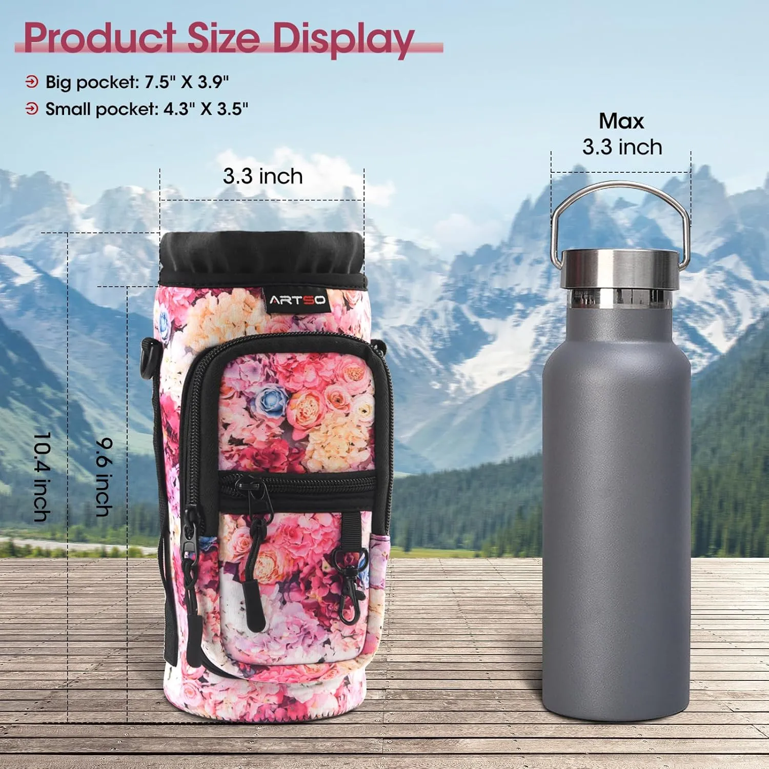 ARTSO Water Bottle Carrier Bag Sling Holder Pouch, 25oz 32oz 40oz 64oz Insulated Water Bottle Sleeve Case Cover with Adjustable Shoulder Hand Strap Pocket for Hiking Camping, Colorful flowers