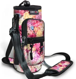 ARTSO Water Bottle Carrier Bag Sling Holder Pouch, 25oz 32oz 40oz 64oz Insulated Water Bottle Sleeve Case Cover with Adjustable Shoulder Hand Strap Pocket for Hiking Camping, Colorful flowers