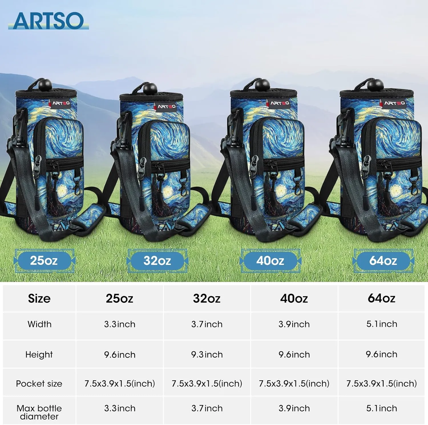 ARTSO Water Bottle Carrier Bag Sling Holder Pouch, 25oz 32oz 40oz 64oz Insulated Water Bottle Sleeve Case Cover with Strap Pocket for Men Women Hiking Camping Travelling, Van Gogh Starry Night