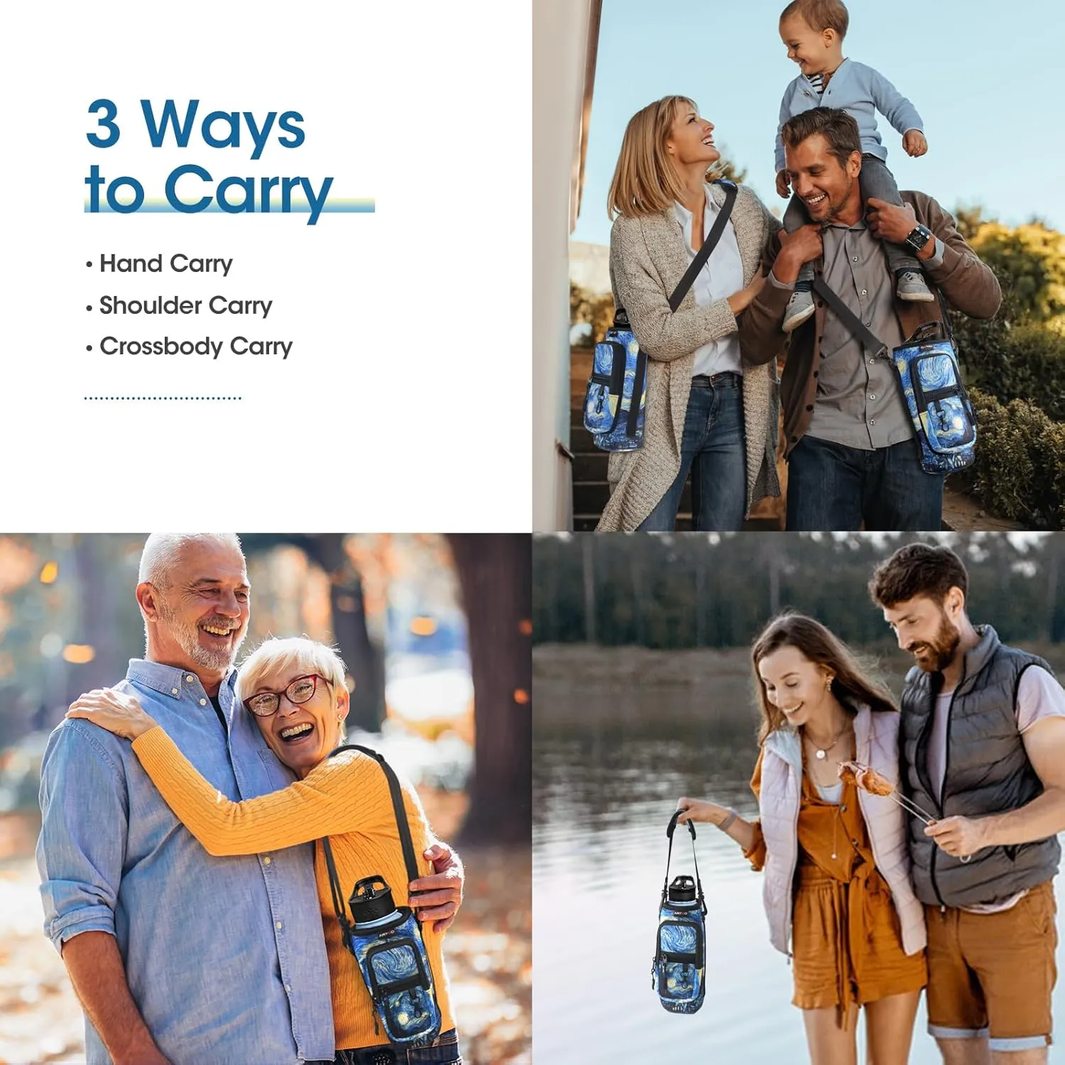 ARTSO Water Bottle Carrier Bag Sling Holder Pouch, 25oz 32oz 40oz 64oz Insulated Water Bottle Sleeve Case Cover with Strap Pocket for Men Women Hiking Camping Travelling, Van Gogh Starry Night