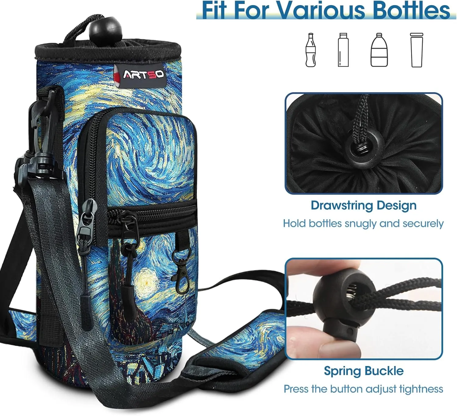 ARTSO Water Bottle Carrier Bag Sling Holder Pouch, 25oz 32oz 40oz 64oz Insulated Water Bottle Sleeve Case Cover with Strap Pocket for Men Women Hiking Camping Travelling, Van Gogh Starry Night