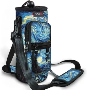 ARTSO Water Bottle Carrier Bag Sling Holder Pouch, 25oz 32oz 40oz 64oz Insulated Water Bottle Sleeve Case Cover with Strap Pocket for Men Women Hiking Camping Travelling, Van Gogh Starry Night