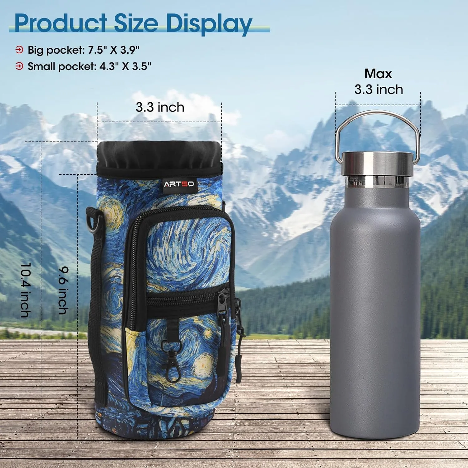 ARTSO Water Bottle Carrier Bag Sling Holder Pouch, 25oz 32oz 40oz 64oz Insulated Water Bottle Sleeve Case Cover with Strap Pocket for Men Women Hiking Camping Travelling, Van Gogh Starry Night