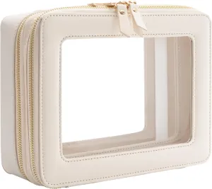 Aveniee Clear Makeup Bags, Double Layer Cosmetic Bags with a Separate Brush Compartment, Travel Toiletry Bag Train Case for Women, Travel Accessories Organizer for Purse(2 Layers Large, White)