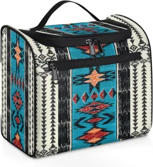 Aztec Western Navajo Pattern Travel Makeup Bag for Women Men Portable Waterproof Cosmetic Bag Large Capacity Toiletry Bag Make up Case Organizer Bathroom Shower Bag with Handle Travel Accessories