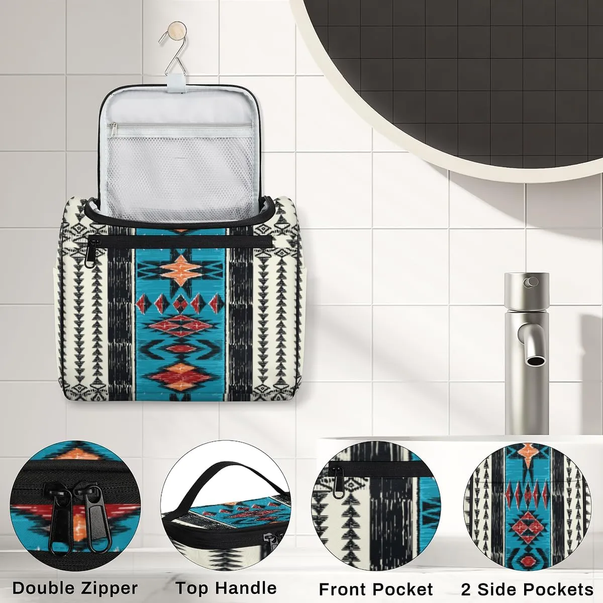 Aztec Western Navajo Pattern Travel Makeup Bag for Women Men Portable Waterproof Cosmetic Bag Large Capacity Toiletry Bag Make up Case Organizer Bathroom Shower Bag with Handle Travel Accessories