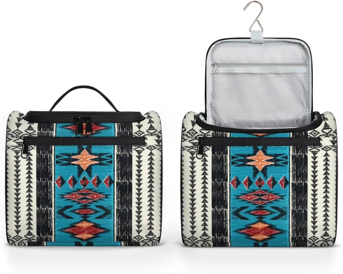 Aztec Western Navajo Pattern Travel Makeup Bag for Women Men Portable Waterproof Cosmetic Bag Large Capacity Toiletry Bag Make up Case Organizer Bathroom Shower Bag with Handle Travel Accessories