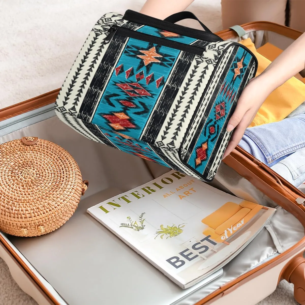 Aztec Western Navajo Pattern Travel Makeup Bag for Women Men Portable Waterproof Cosmetic Bag Large Capacity Toiletry Bag Make up Case Organizer Bathroom Shower Bag with Handle Travel Accessories