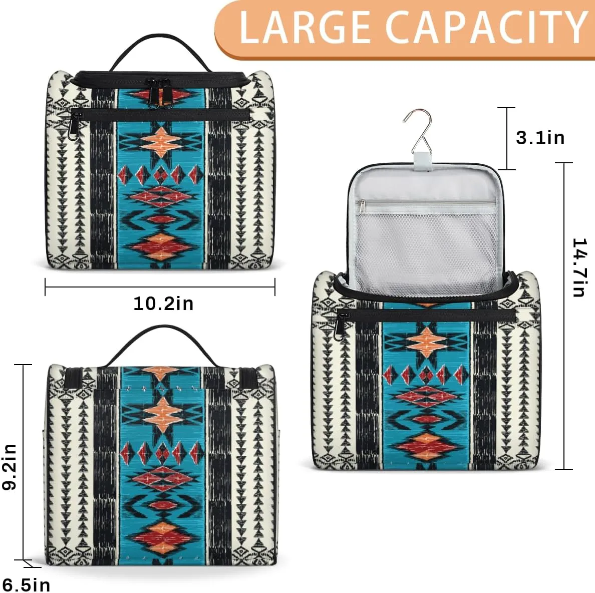 Aztec Western Navajo Pattern Travel Makeup Bag for Women Men Portable Waterproof Cosmetic Bag Large Capacity Toiletry Bag Make up Case Organizer Bathroom Shower Bag with Handle Travel Accessories