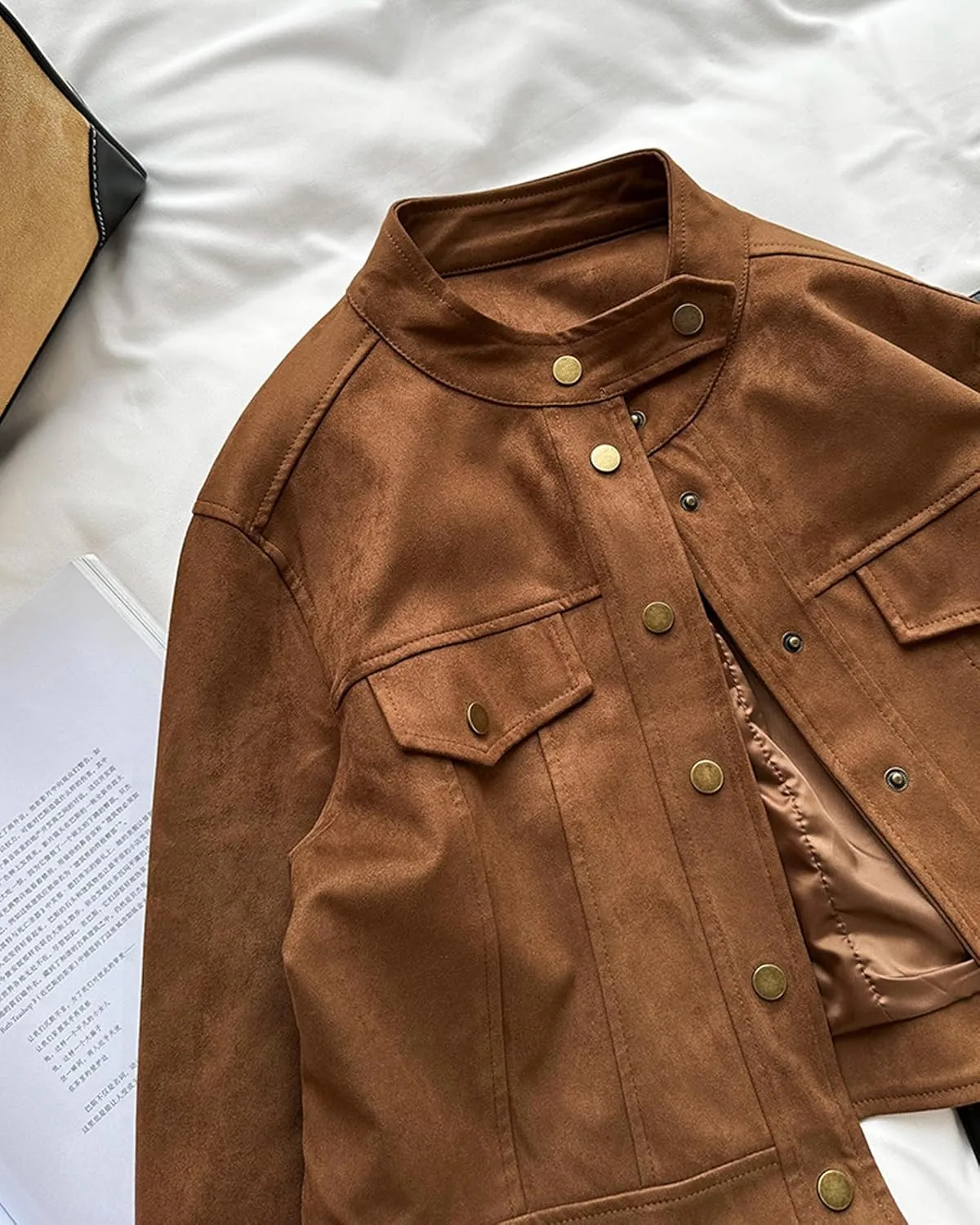 Babalet Women Suede Short Jacket Fall Winter Faux Suede Leather Crop Jacket Coats Button Long Sleeve Cropped Shackets
