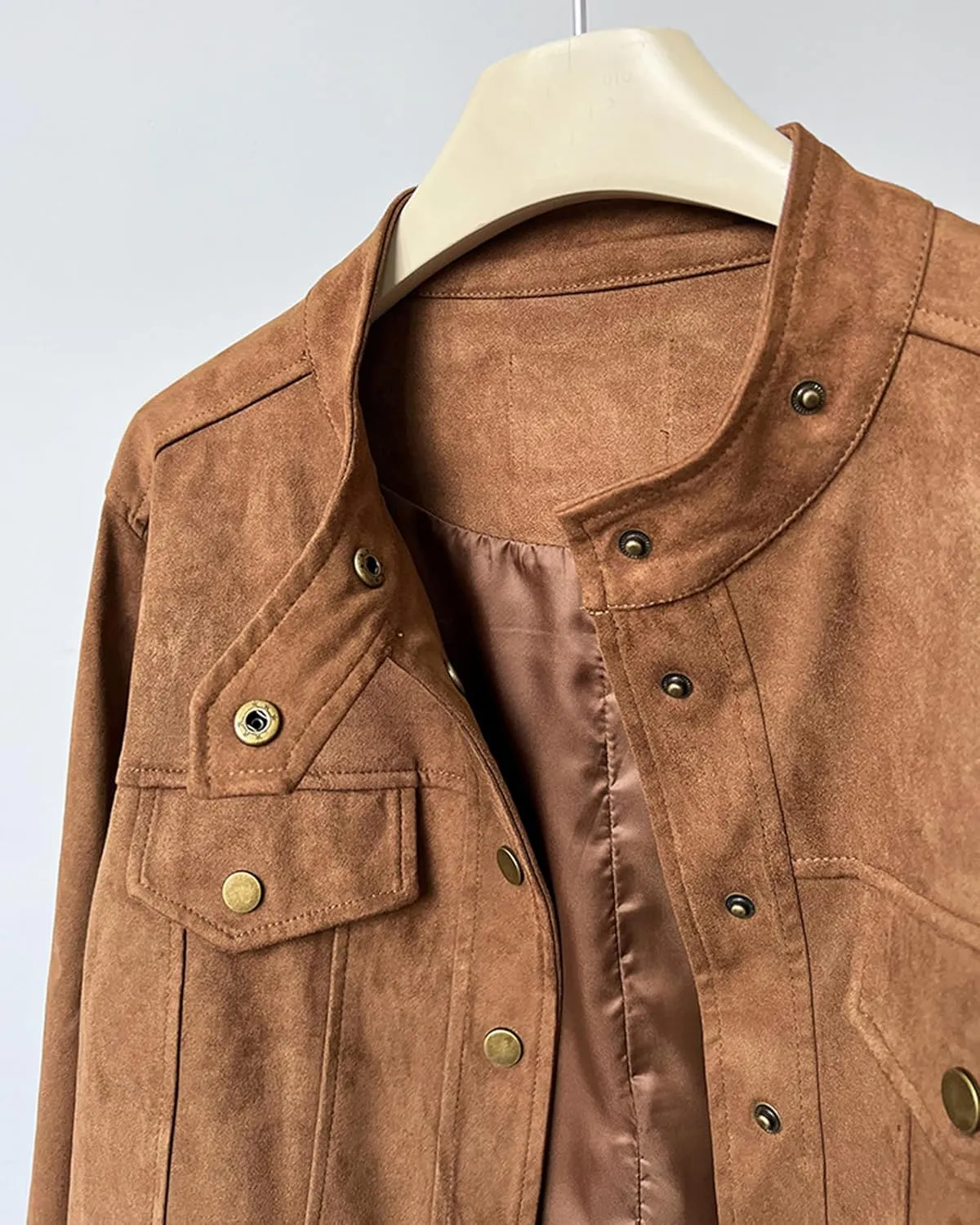 Babalet Women Suede Short Jacket Fall Winter Faux Suede Leather Crop Jacket Coats Button Long Sleeve Cropped Shackets