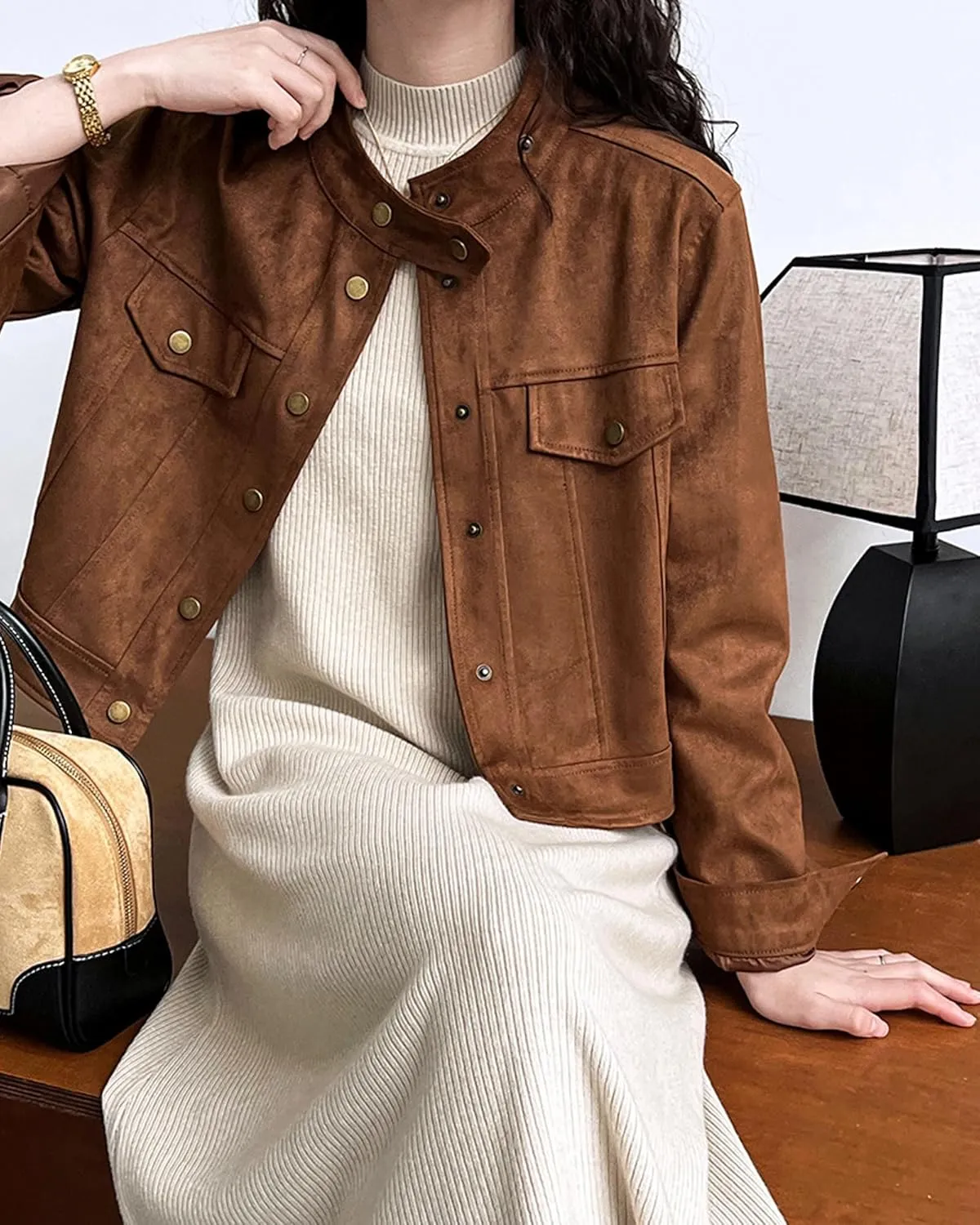 Babalet Women Suede Short Jacket Fall Winter Faux Suede Leather Crop Jacket Coats Button Long Sleeve Cropped Shackets