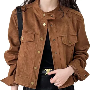 Babalet Women Suede Short Jacket Fall Winter Faux Suede Leather Crop Jacket Coats Button Long Sleeve Cropped Shackets