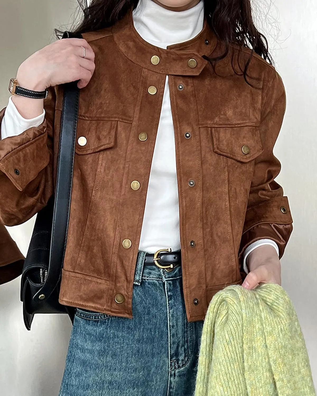 Babalet Women Suede Short Jacket Fall Winter Faux Suede Leather Crop Jacket Coats Button Long Sleeve Cropped Shackets