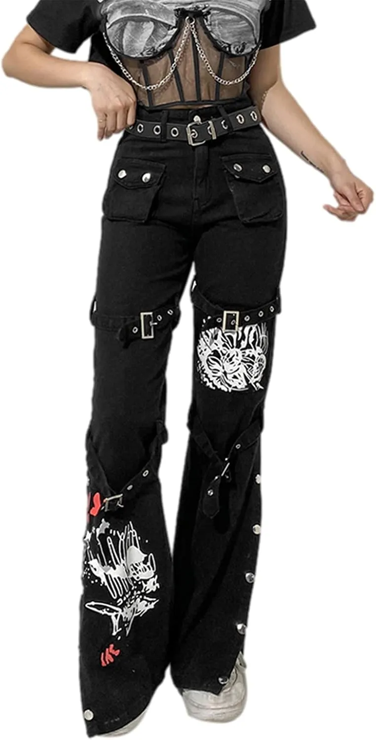 Baggy Jeans for Women Harajuku Graphic Print Cargo Jeans Wide Straight Leg Denim Pants Vintage Streetwear
